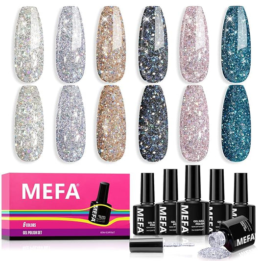 MEFA Glitter Nail Polish Set 6 Colors, Chrome Platinum Sparkly Shiny Black Silver Pink Champagne Turquoises Gel Polish Kit Soak Off Nail Art Design at Home DIY Manicure Kit Gifts for Women