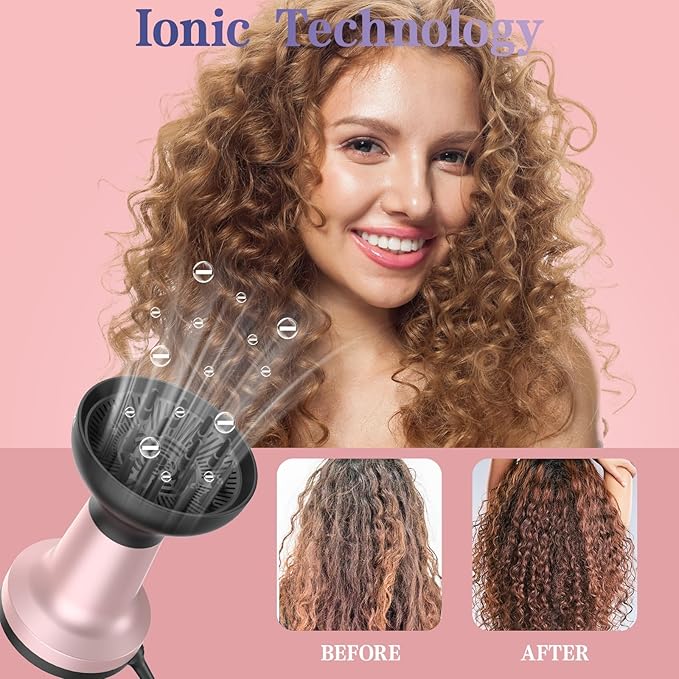 2 In 1 Diffuser Hair Dryer for Curly Hair, Ultra 1875W Ionic Hair Dryer with Diffuser & Comb Nozzle Attachment, Enhances Curl Waves, Reduce Frizz, Overheat Protection, Travel Size, Gifts for Women Her