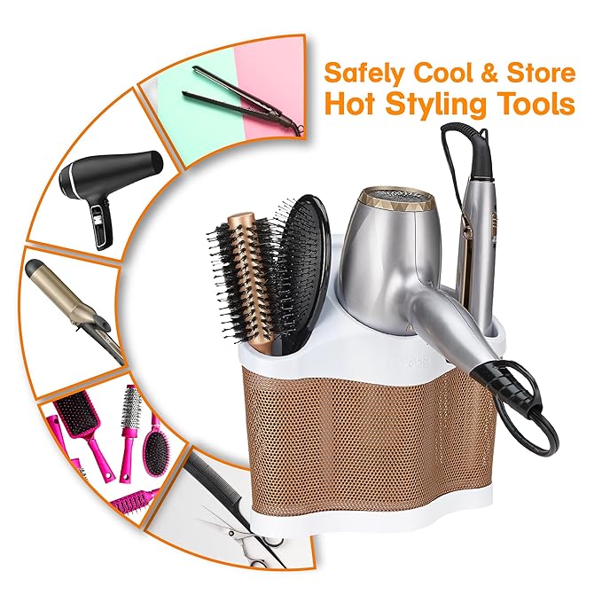 Polder Style Station, Tool Organizer for Hair Dryer, Curling Iron, and Straightener, Easy-to-Store Hair Styling Station, White and Copper