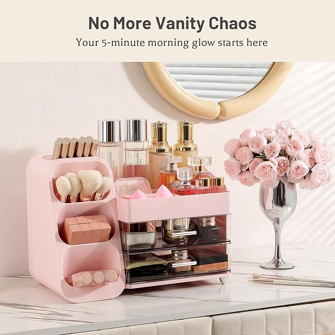Aveniee Makeup Organizer with Drawers, Vanity Organizer for Bathroom Countertop, Large Cosmetics Skincare Display Case Desk Storage for Perfume Jewelry Lipsticks (Pink)