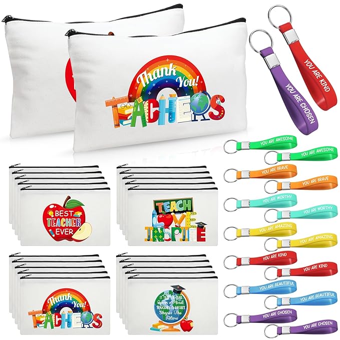Capoda 56 Pcs Teacher Appreciation Gifts in Bulk 28 Inspirational Flax Cosmetic Bags for Women 28 Motivational Quote Keychains Thank You Gifts for Teacher's Day Graduation Back to School(White)