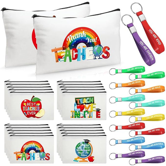 Capoda 56 Pcs Teacher Appreciation Gifts in Bulk 28 Inspirational Flax Cosmetic Bags for Women 28 Motivational Quote Keychains Thank You Gifts for Teacher's Day Graduation Back to School(White)