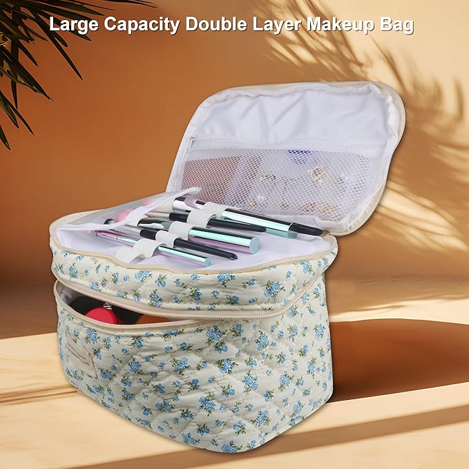Dual Layer Cute Makeup Bag for Women(3 Pcs), Quilted Floral Coquette Aesthetic Make up Bags, Travel Cosmetic Bags Toiletry Organizer Bag(Blue Rose)
