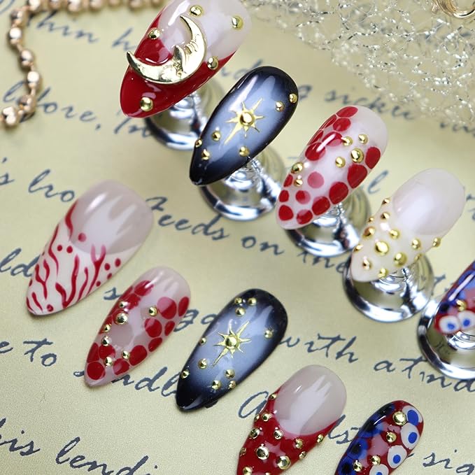 Almond Press on Nails Handmade Medium Long/Stiletto 3D Flower Fake Nail with Designs, Women Reusable False Nails (Moon Red, S)