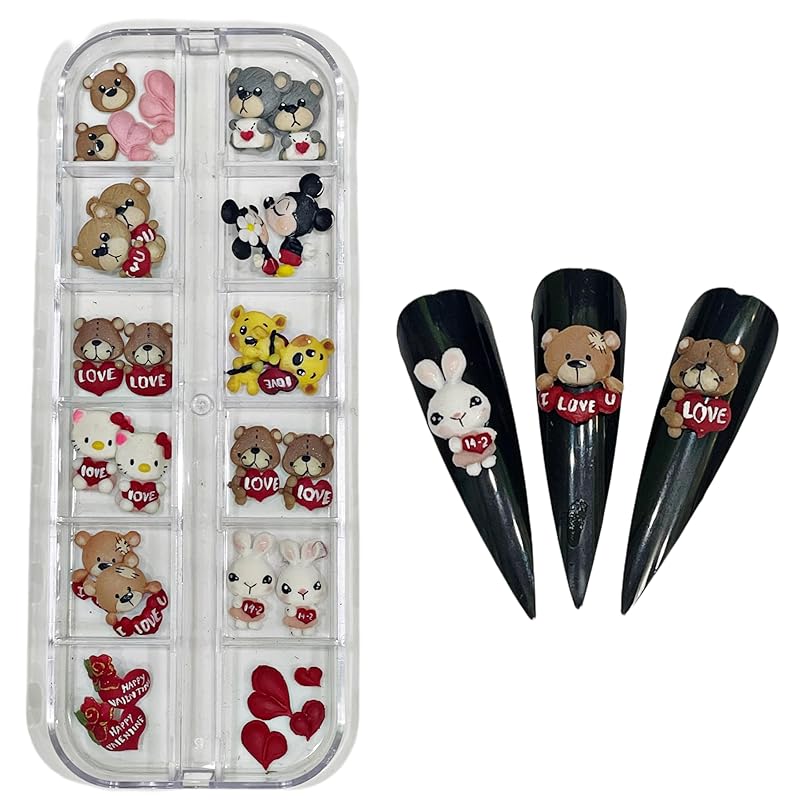 3D Acrylic Valentine Bear Character Nail Art Charms Handmade by Acrylic Powder - 24pcs Flowers Nail Rhinestones Kit 3D Crystal Nail Pearls Design Acrylic Nail Art for Women (Valentine)
