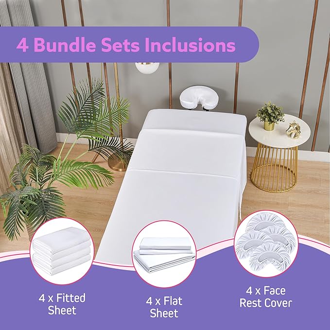 Massage Table Sheets Sets – 4 Set Bundle, 120GSM Double Brushed Microfiber, Premium Massage Sheets Sets, Spa Bed Sheets for Esthetician, Wrinkle & Oil Resistant, White