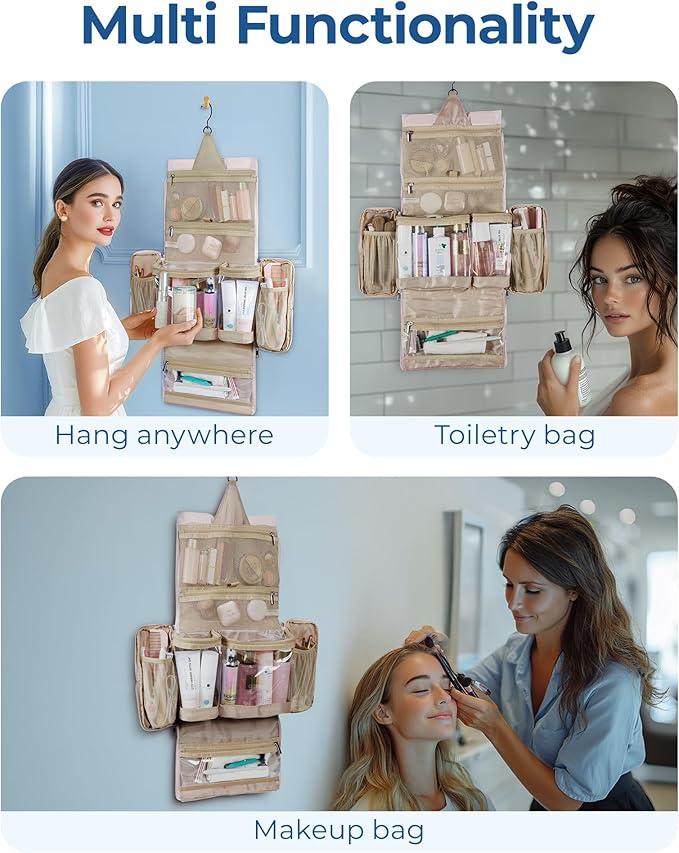 BAGSMART Travel Toiletry Bag, Extra Large Full-open Hanging Toiletry Bag for Women, Puffy Cosmetic Makeup Bag Organizer with Handle for Accessories, Essentials, Toiletries (Beige 13''L)