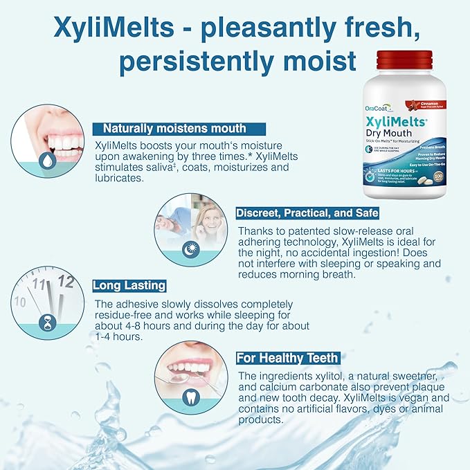 Oracoat XyliMelts for Dry Mouth Night Time or Day - Moisturizing Dry Mouth Adhering Discs, Sugar Free with Xylitol, 100 Count, Cinnamon, 8-Hour Relief