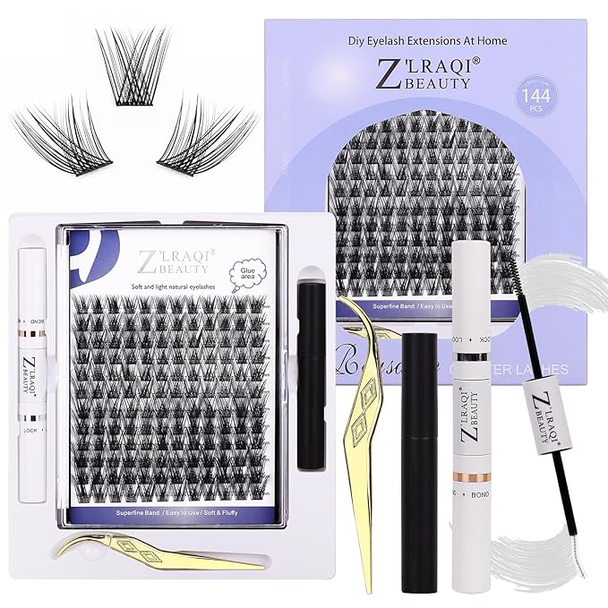 144PCS C Curl Natural Lashes Kit - Wispy Cluster Extensions for DIY, 10-16mm Lengths, Includes Lash Bond & Remover + Tweezers