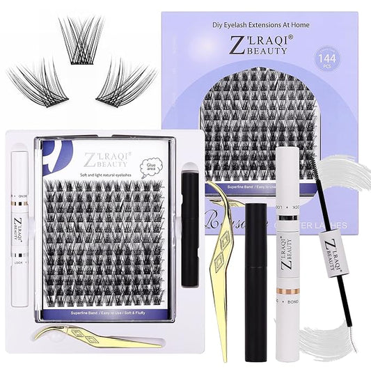 144PCS C Curl Natural Lashes Kit - Wispy Cluster Extensions for DIY, 10-16mm Lengths, Includes Lash Bond & Remover + Tweezers
