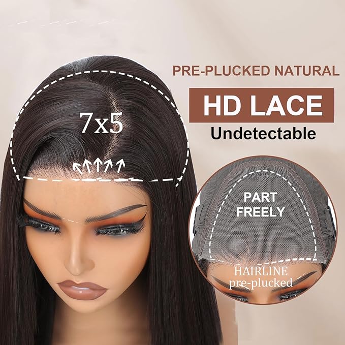 7x5 Chocolate Brown Lace Front Wig for Women Synthetic Lace Wig Pre Plucked HD Lace Straight Wig Wear And Go Glueless Wig 26inch