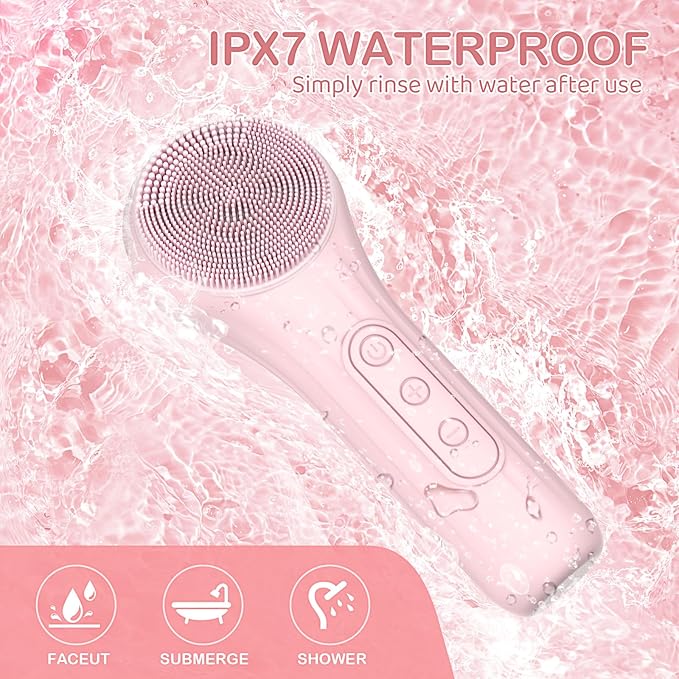 Electric Face Scrubber, Silicone Facial Cleansing Brush Rechargeable, Cleansing, Facial Scrub Exfoliator for Women Men, Waterproof Face Scrub Brush for Exfoliating, Pink