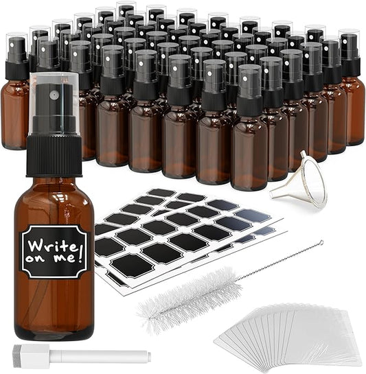 Nevlers 1oz Amber Glass Spray Bottles for Essential Oils 48 Pack | Ultra Fine Mist Spray Bottle for Face, Hair & Body | Travel Perfume Atomizer Set with Shrink Wrap, Labels, Marker, Funnel & Brush
