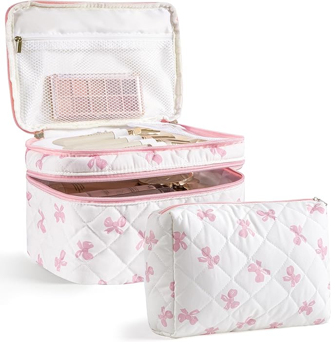 HBselect 2Pcs Travel Makeup Bag, Large Cotton Quilted Makeup Bag Cosmetic Bag Cute Make up Bag Toiletry Bags for Women Girls