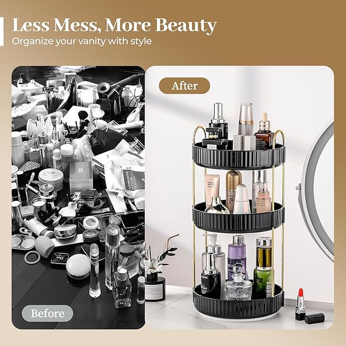 Aveniee 360 Rotating Makeup Organizer for Vanity, Large Spinning Bathroom Counter Organizer Shelf Holder for Cosmetics, Skin Care, Lipsticks (3 Tiers, Black)