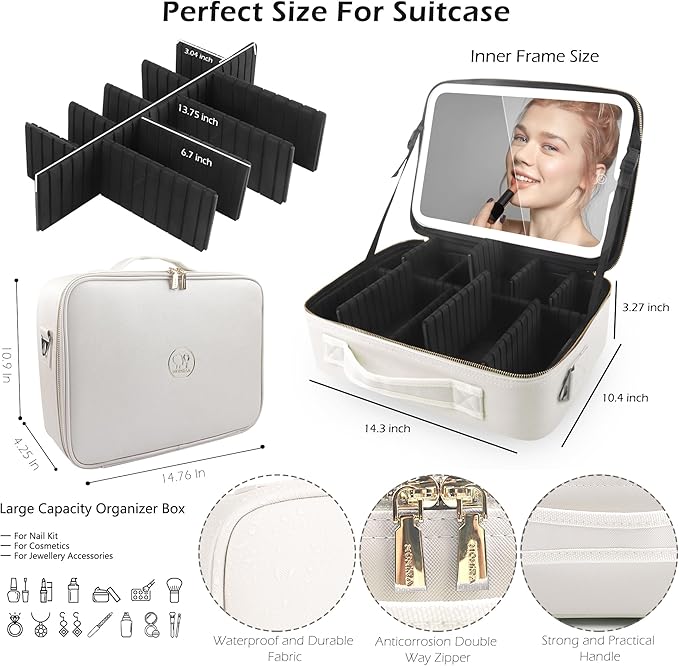 MOMIRA Travel Makeup Bag Cosmetic Bag Makeup Organizer Bag with Lighted Mirror, Adjustable Brightness in 3 Color Scenarios, Waterproof Makeup Train Case, Gift for Women - Khaki (Large)