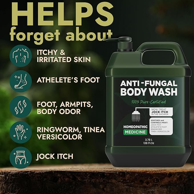Antifungal & Antibacterial Body Wash with Tea Tree Oil | Homeopathic Medicine for Jock Itch, Athlete’s Foot, Ringworm, Back Acne & Eczema | Antibacterial Soap for Men & Women | 1 Gallon Pump Dispenser