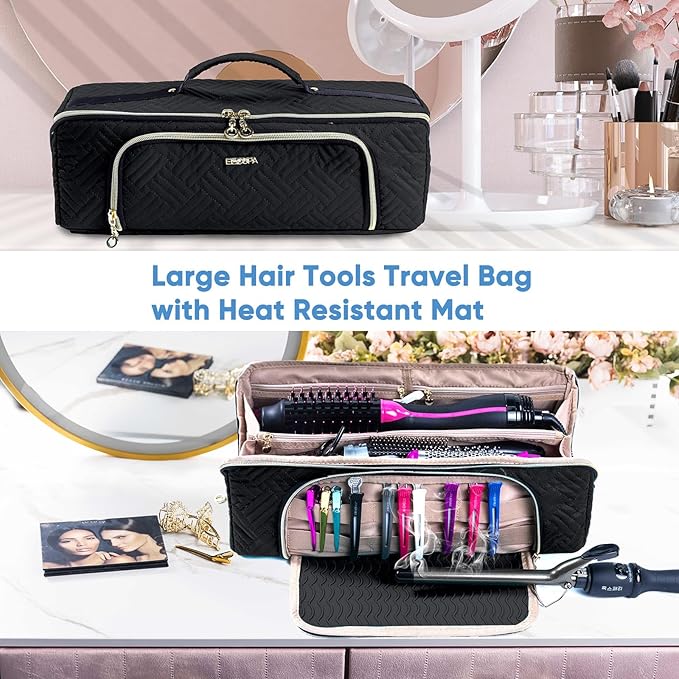 Large Hair Tools Travel Bag with Iron Mat - 2in1 Hair Tools Organizer for Hair Dryer Brush, Flat Irons, Straighteners, Curling Irons, Hair Bag, Makeup Bag, Cosmetic Bag for Travel Essentials