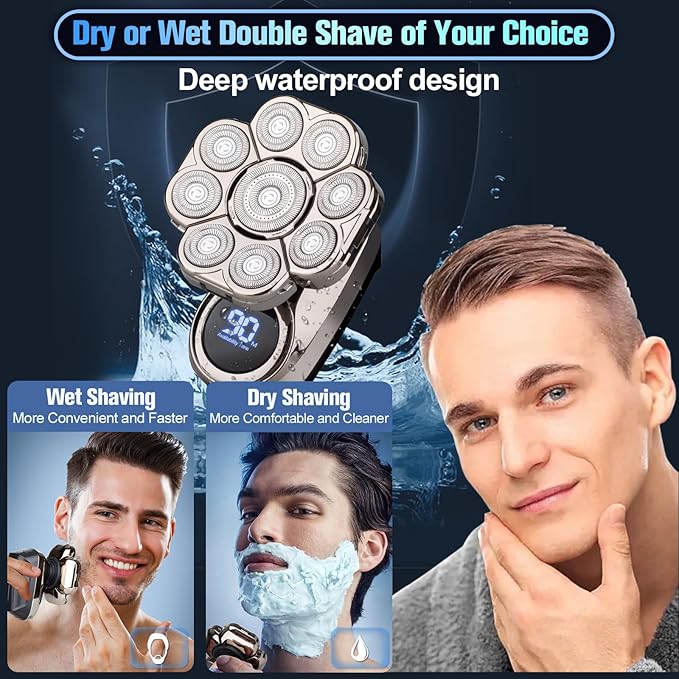 9D Head Shavers for Bald Men, Electric Razor for Men to Shave Fast with LED Display, Cordless Rechargeable, IPX7 Waterproof Wet/Dry Rotary Shaver Kit with Nose Hair Trimmer Shaver, Gift for Mens