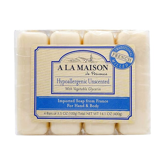 A LA MAISON Unscented Natural Goat Milk Bar Soap - Triple French Milled Unscented Natural Moisturizing Hand Soap Bar (4 Bars of Soap, 3.5 oz)