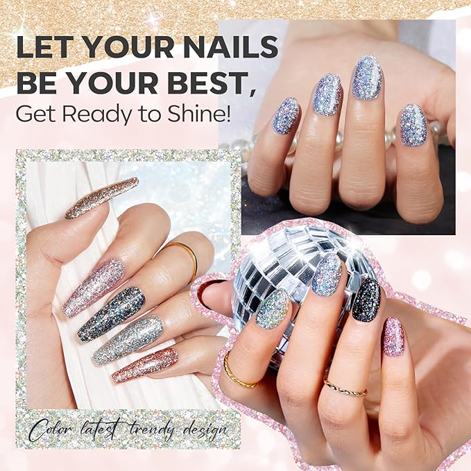 modelones Glitter Nail Polish 6 Colors Holographic Sparkle Glitter Mini Nail Polish Set Flash Diamond Black Silver Gold Quick Dry Manicure Diy Nail Art Salon Gift For Women Girl