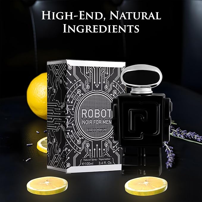 Robot Noir for Men - Fresh Woody Fragrance - Top Notes of Cardamom, Rhubarb, Bergamot & Lemon - base Scents of Vanilla, Tolu Balsam & Haitian Vetiver - Elegant 100ml Bottle, Parfume for Men