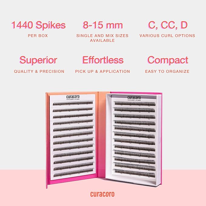 Curacoro LashFolio Triple Spike Promade Fans, Handmade Volume Eyelashes, 5D To 10D, C CC D Curl, 0.03~0.07 mm, 8-13mm Mix Length, Professional Long-Lasting Promade Lash Fans (5D-0.07 D 8mm-13mm)