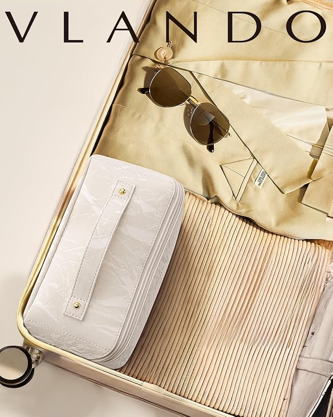 Vlando Makeup Bag,Travel Makeup Bag Christmas Gifts for Women Travelers Open Flat Make up Organizer,Gift Ideas for Girls,Sister(Cream White)