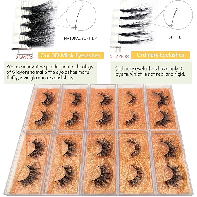 GOO GOO Mink Eyelashes, Daily Type Lashes 10mm to 18mm 5 Styles 10 pairs Multipack 3D Mink Lashes Natural Look Fake Eyelashes Wholesale Real Siberian Reusable Handmade False Eyelashes