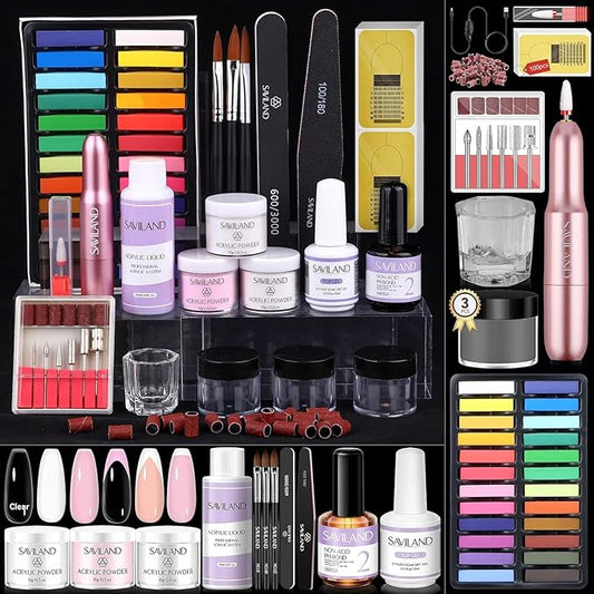 SAVILAND Acrylic Nail Kit with Drill: Professional Set for Beginners with Everything 30g Acrylic Powder & 50ml Monomer Liquid Nail Brush Files Forms Tools Extension Nail Kit Gift Home DIY Salon Nails
