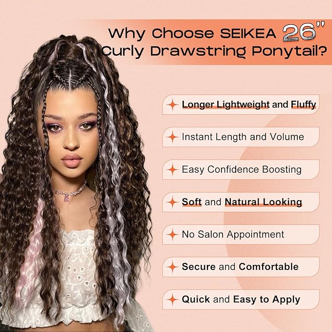SEIKEA 26" Lightweight Curly Drawstring Ponytail, Long Thick Fake Pony Tail Multi Layered Natural Soft Clip in Hair Extensions with Synthetic Golden Blonde Highlights