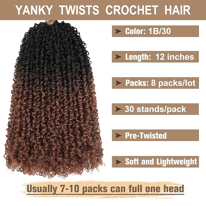 COOKOO 12 Inch 30 Strands/PCS Pre-twisted Yanky Twist Crochet Braids Hair 8 Bundles Micro Yanky Twists Crochet Hair for Women Pre-looped Spring Twists Braiding Hair with Culy Ends 1B/30#