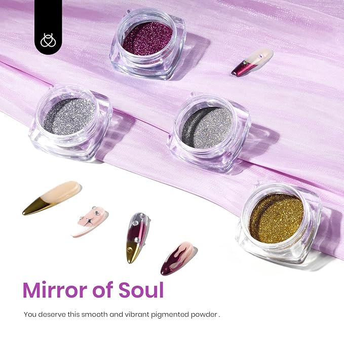 Beetles Chrome Nail Art Glitter 4 Colors 0.5g/Jar, 4 Jars 3 Colors Gold Silver Pink Metallic Mirror Effect Pigment & 1 Holographic Chrome Powder Diy Nail Art Manicure Gifts for Women Girls