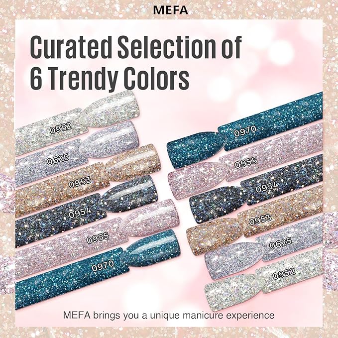MEFA Glitter Nail Polish Set 6 Colors, Chrome Platinum Sparkly Shiny Black Silver Pink Champagne Turquoises Gel Polish Kit Soak Off Nail Art Design at Home DIY Manicure Kit Gifts for Women