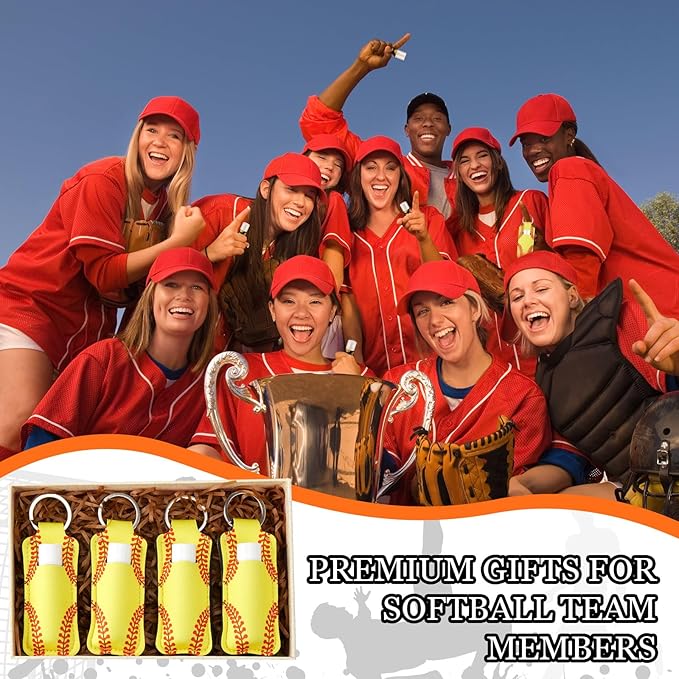 18 Sets Party Favors Lip Balm and Lipstick Holder Keychain Bulk Sport Ball Team Gifts Natural Moisturizing Lip Balm Keychains Pouch for Team Gifts Sports Party Supplies(Softball)