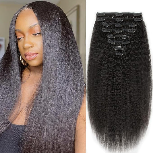 Kinky Straight Clip ins 22 Inch Clip in Hair Extensions Real Human Hair Brazilian Remy Human Hair for Women 8pcs 100g Per Set with 18 Clips Double Weft Natural Black