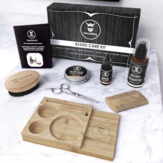 Striking Viking Beard Grooming Kit for Men with Shampoo, Oil, Balm, Brush, Wooden Comb, Mustache Scissors - 7-Piece Sandalwood Caddy for Beard Growth