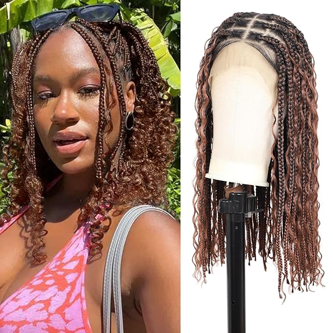 18" 13x8 Inch HD Lace Front Boho Box Braided Wigs With Cruls Ends Short Knotless Box Braid Wig for Women Full Braided Lace Front Wig With Baby Hair Brown Natural Color