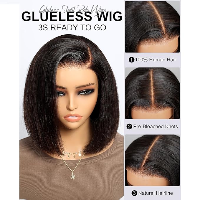 Arabella Hair 5x6 Bob Wig Real 210% Density Ready to Go Glueless Wig Human Hair 12A Straight Bob Wigs Pre Cut Lace Pre Bleached Tiny Knots (10inch, 5x6 Glueless Bob)