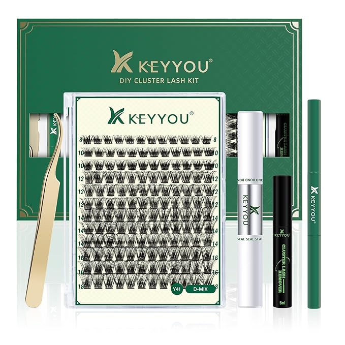 DIY Lash Extension Kit KEYYOU 144pcs Lash Clusters Eyelash Extension Kit with Mascara Brush Bond and Seal Lash Glue Remover Lash Applicators Lash Brush Clean Pad for DIY Lash Extensions (Y41 Kit)