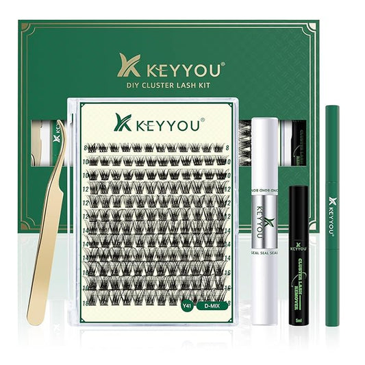 DIY Lash Extension Kit KEYYOU 144pcs Lash Clusters Eyelash Extension Kit with Mascara Brush Bond and Seal Lash Glue Remover Lash Applicators Lash Brush Clean Pad for DIY Lash Extensions (Y41 Kit)