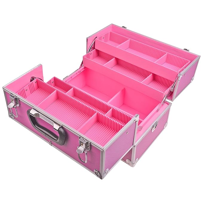 SHANY Essential Pro Makeup Train Case Cosmetic Box Portable Makeup Case Cosmetics Beauty Organizer Jewelry storage with Locks, Multi Compartments Makeup Box and Shoulder Strap - Pink