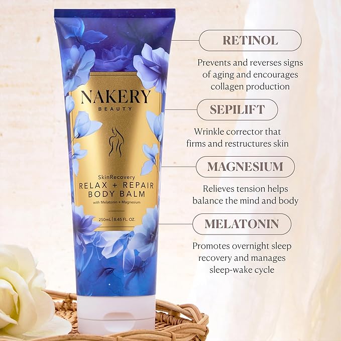 Nakery SkinRecovery Relaxing Magnesium Balm - Skin Tightening Cream for Body with SepiLift & Retinol - Muscle Balm with Melatonin for Restful Sleep - Hydrating Dry Skin Cream with Shea Butter