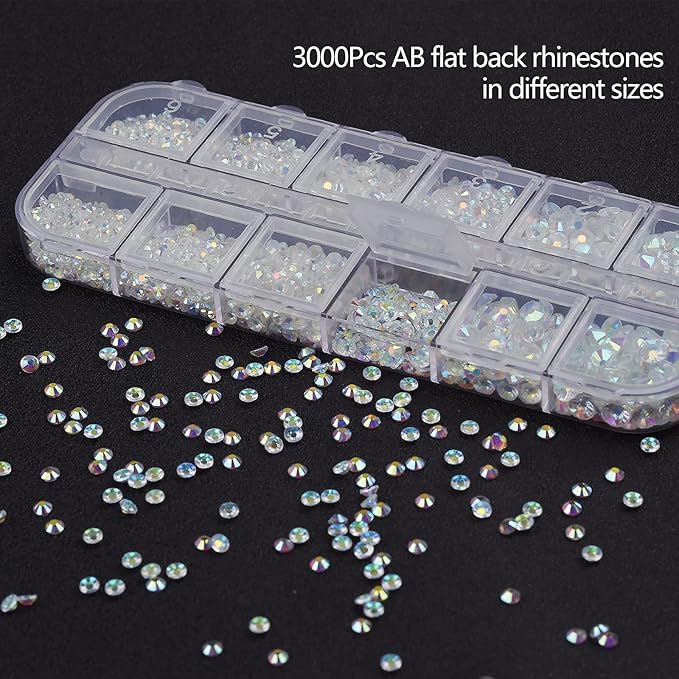 3000 Pcs Nail Art Rhinestones HUETFAT Nail Gems AB Clear Flatback Stones Crystals Mixed 6 Size Nail Diamonds with Storage Organizer Box Wax Pencil Tweezers 3D Jewels for Nail Design (AB Clear)