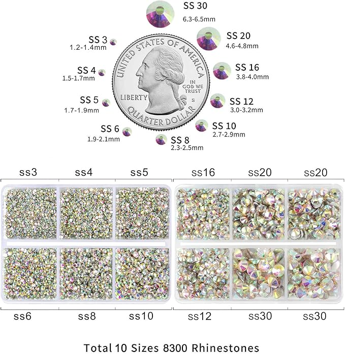 Beadsland 8300PCS Flatback Rhinestones, AB Crystal Rhinestone Round Crystal Rhinestones for Crafts, Mixed 10 Sizes with Wax Pencil and Tweezer Kit, SS3-SS30, Crystal AB