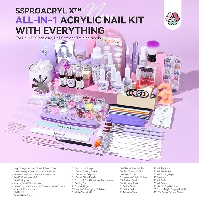 SAVILAND Nails Kit Acrylic Set: Professional Acrylic Nail Kit with Nail Tranning Mat Nail Art Brush Nail Drill Nail Polish with Dryer for Nail Extension Carving