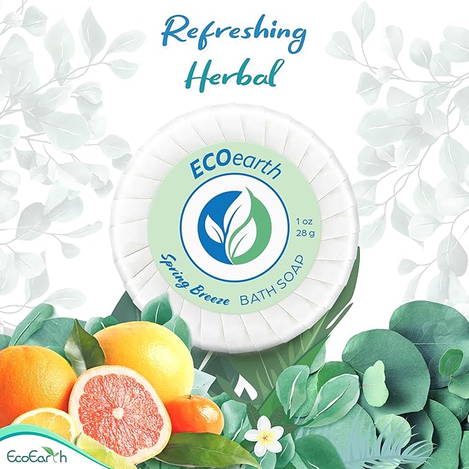 EcoEarth Hotel Toiletries Bundle (Spring Breeze, 1 oz Each, 250 Pieces) 5-Piece Set: 50 Each Round Bar Soap, Shampoo, Conditioner, Body Lotion & Body Wash - Bulk Mini Guest Amenities
