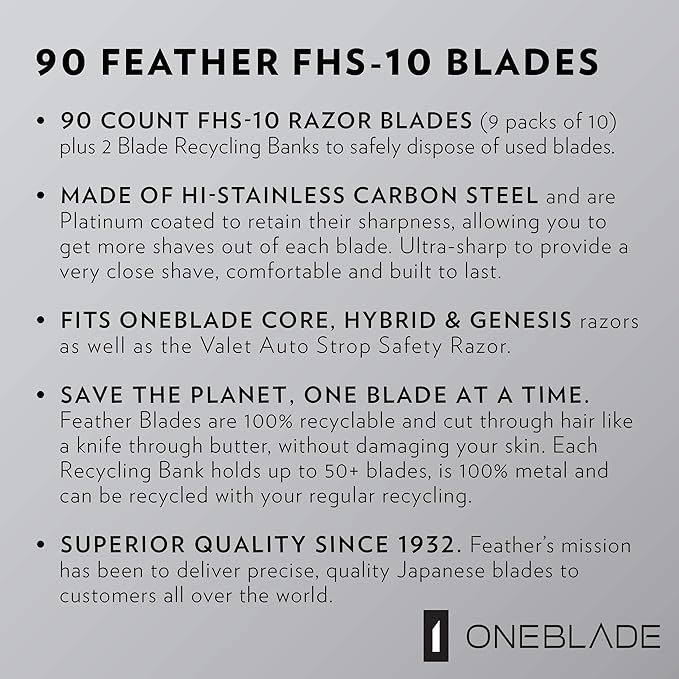 90 Feather FHS-10 Japanese Steel Razor Blades - Refill for OneBlade Core, Hybrid, & Genesis Razors - Single Blade Razor