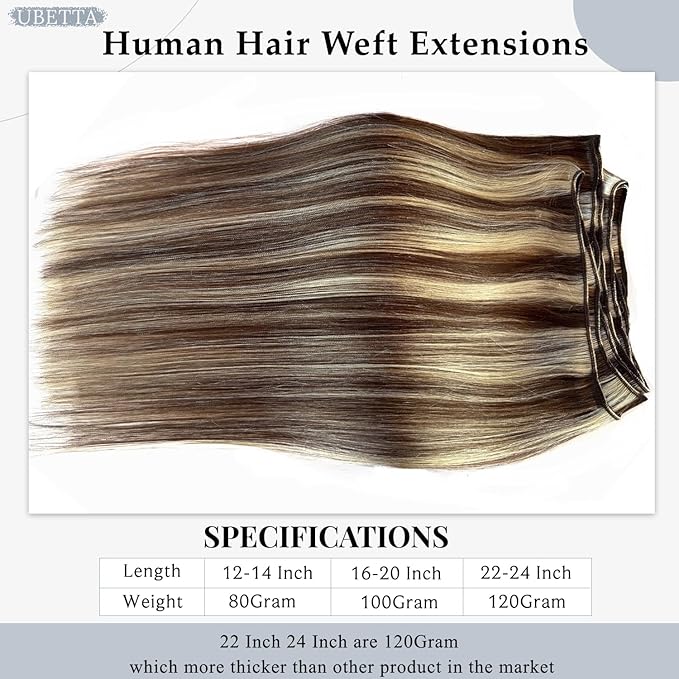 Ubetta Real Human Hair Extensions, 14Inch 80G Weft, Chocolate Brown Balayage Blonde Highlights, Hand Tied Weft Hair Weave Bundles