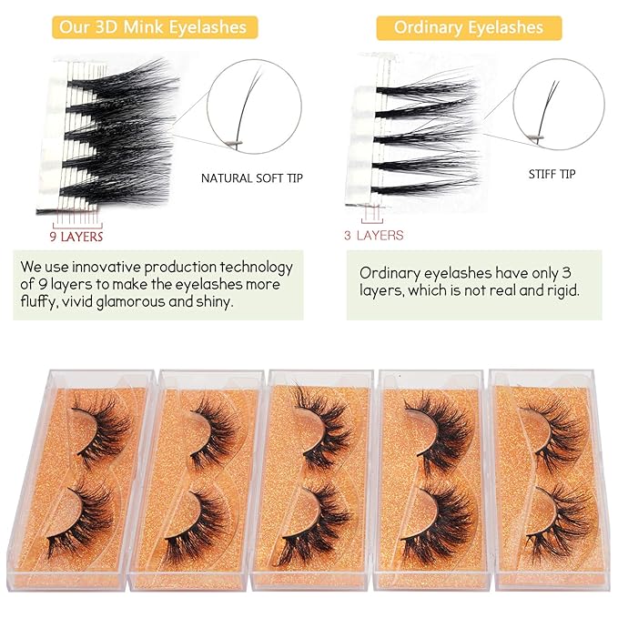 GOO GOO Mink Eyelashes, Natural Eyelashes 16mm to 19mm 5 Styles Multipack 3D Mink Lashes Fake Eyelashes Natural Look Reusable Handmade Siberian Mink Fur False EyeLashes for Women